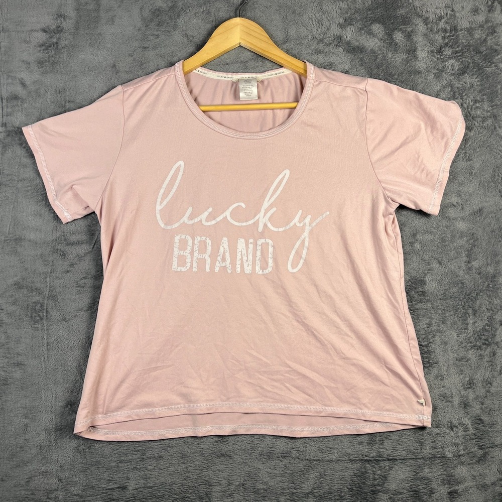 Lucky Brand Waffle T Shirt Womens Large Mauve Pink Graphic Script Logo Stretch